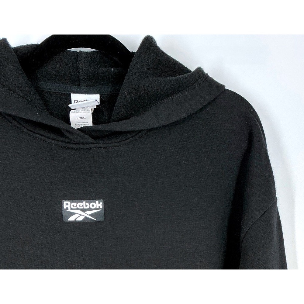 Reebok Black Fleece Lined Logo Pullover Hoodie Sweatshirt Sz L Lounge Streetwear - Picture 3 of 8